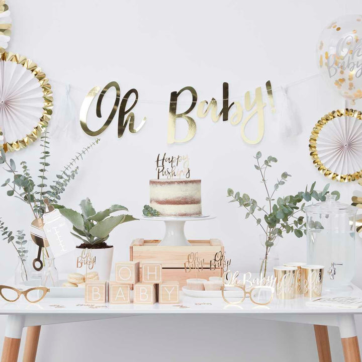 White And Gold Oh Baby Paper Plates - Oh Baby Baby Shower Decor - Baby Shower Tableware - Foil Free Tableware - Pack Of 8 - Jolie Fete UK