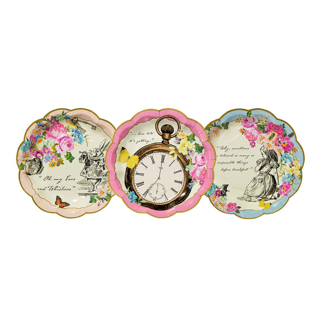 Alice in Wonderland Dainty Plates - Mad Hatter Party Paper Plates - Wonderland Wedding Decorations - White Rabbit - 3 Designs - Pack of 12 - Jolie Fete UK