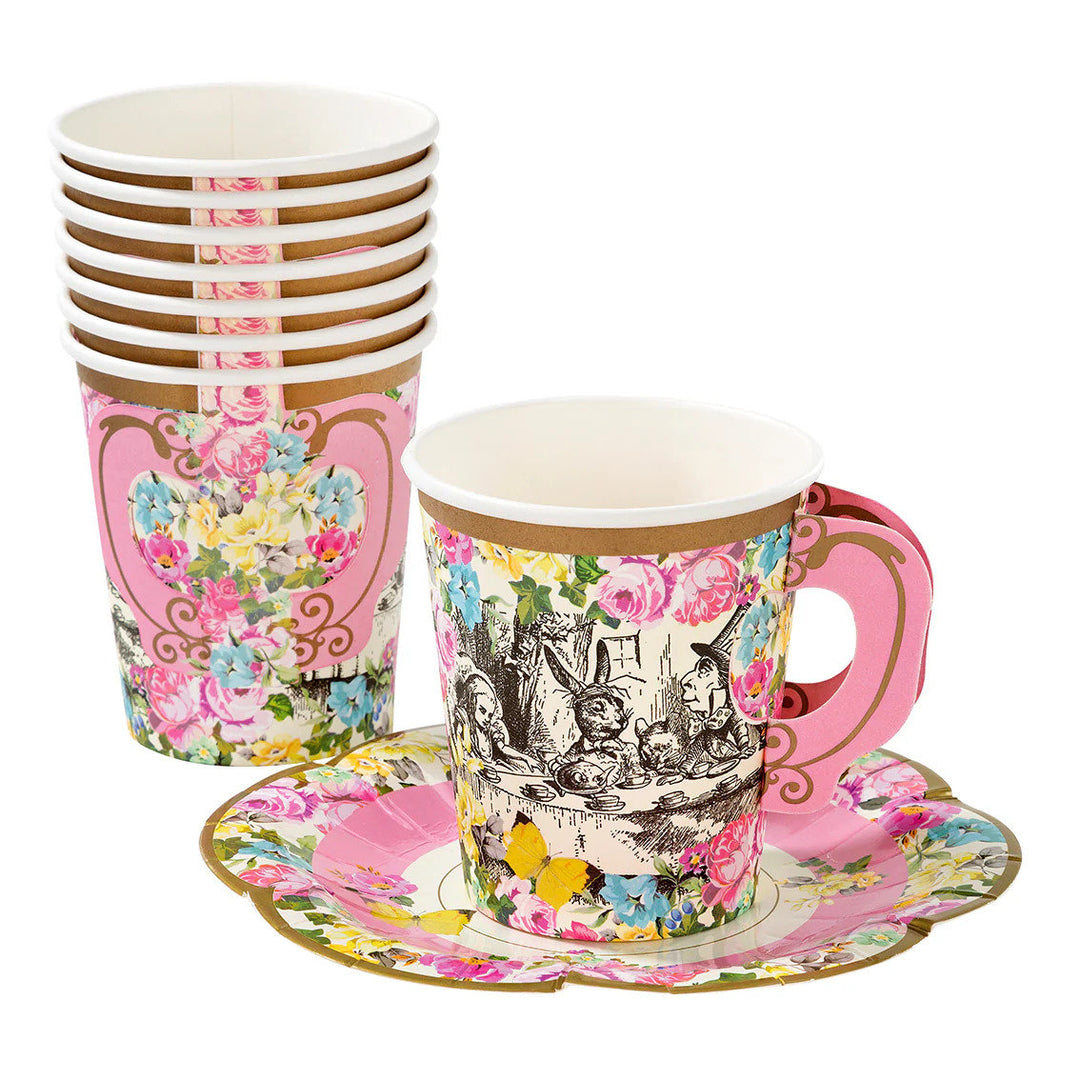 Alice in Wonderland Cups & Saucers Set - Mad Hatter's Tea Party Cups - Birthday Party Tableware - Alice Paper Cups - Pack of 12 - Jolie Fete UK