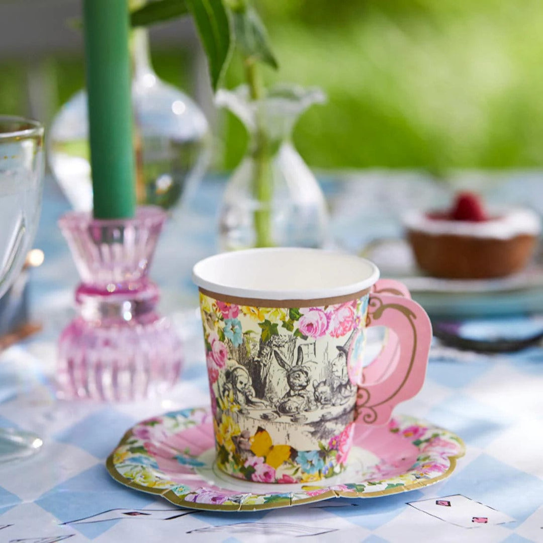 Alice in Wonderland Cups & Saucers Set - Mad Hatter's Tea Party Cups - Birthday Party Tableware - Alice Paper Cups - Pack of 12 - Jolie Fete UK