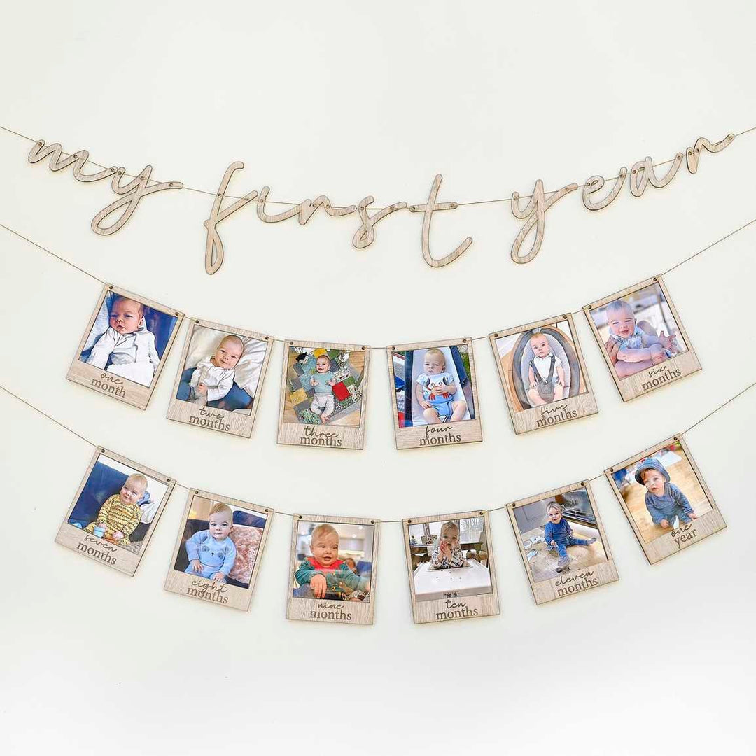 My First Year Wooden Baby Photo Party Bunting - First Birthday Monthly Photo Bunting - 1st Birthday - First 1st Birthday Decor-Photo Garland - Jolie Fete UK