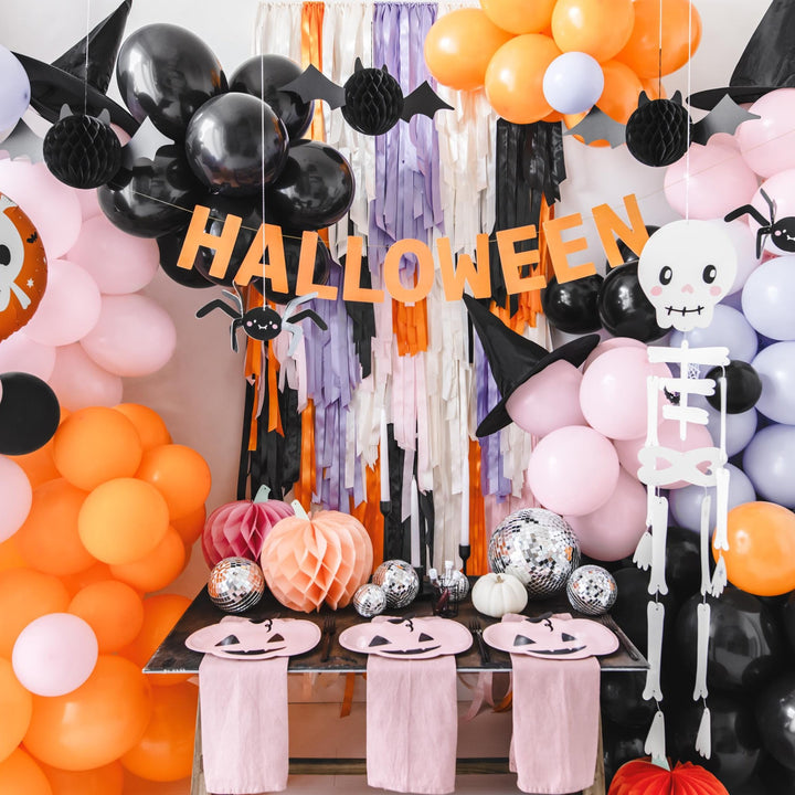 Skull Balloon - Round Orange & White Skull Helium Balloon - Halloween Balloons - Kids Halloween Party - Foil Balloons - Black Bat Balloons - Jolie Fete UK