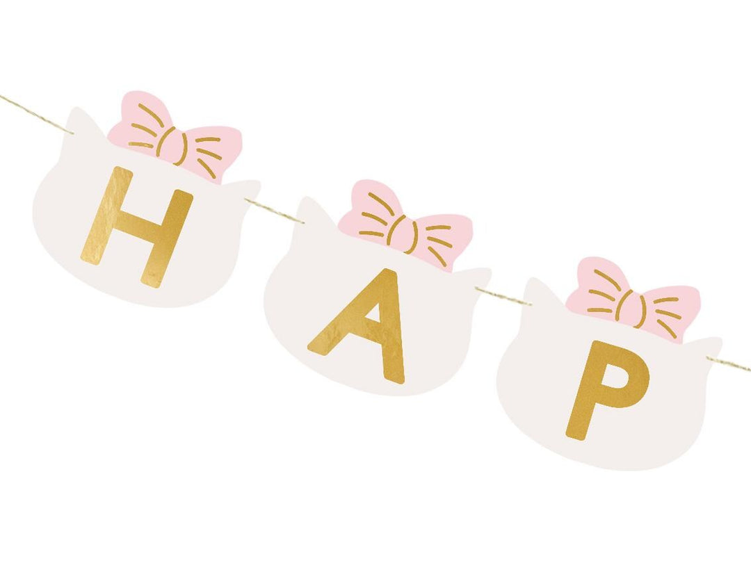 Happy Birthday Banner - Pink and White Cat Party Garland - Cat Theme - Meow Party - Kids Birthday Party Decorations - Jolie Fete UK