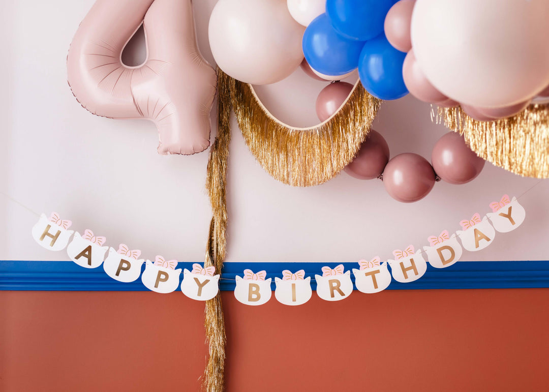 Happy Birthday Banner - Pink and White Cat Party Garland - Cat Theme - Meow Party - Kids Birthday Party Decorations - Jolie Fete UK