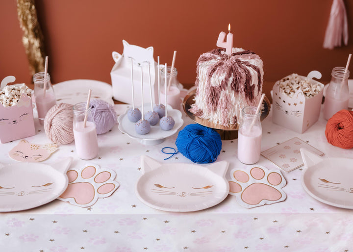 Cat Paw Print Paper Tablecloth - Pink and White Cat Paper Party Table Cover - Meow Party - Paw Print Birthday Party Tableware - Jolie Fete UK