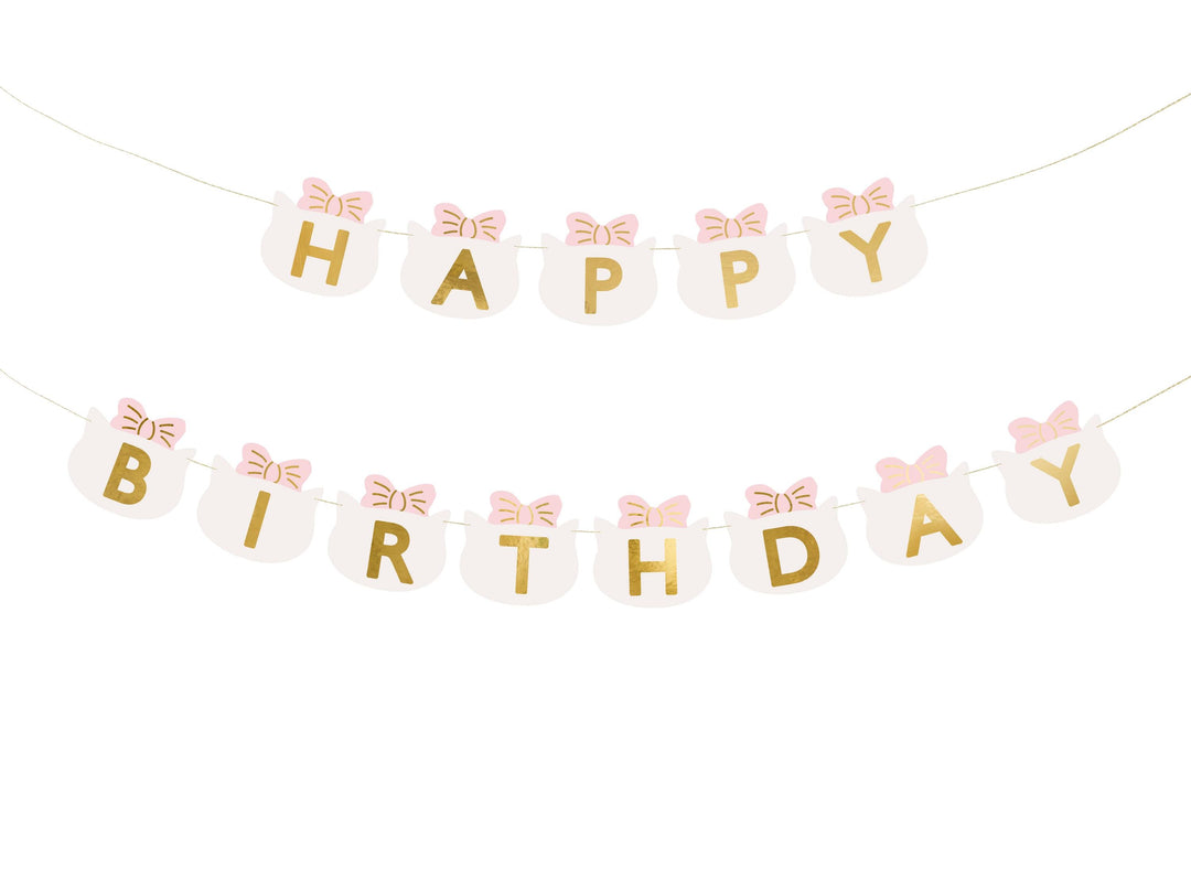 Happy Birthday Banner - Pink and White Cat Party Garland - Cat Theme - Meow Party - Kids Birthday Party Decorations - Jolie Fete UK