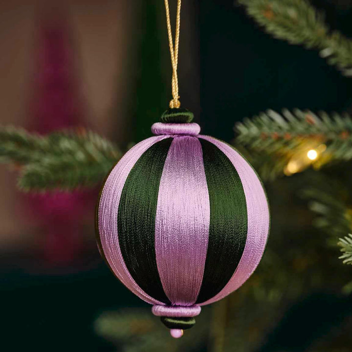 Satin Christmas Tree Hanging Decoration - Green and Purple Striped Satin Christmas Bauble - Individual Tree Decorations -Holiday Decor - Jolie Fete UK