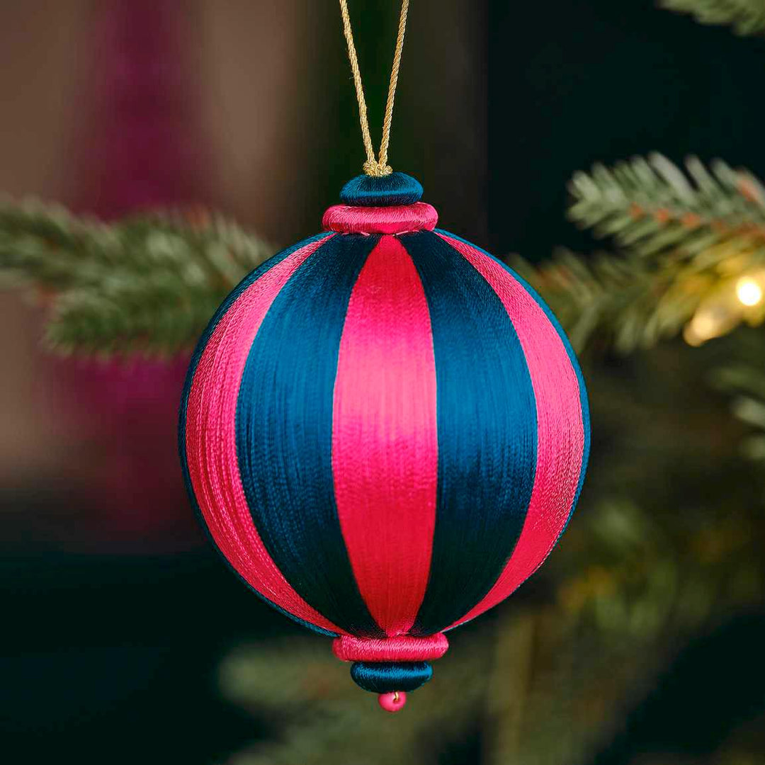 Satin Christmas Tree Hanging Decoration - Pink and Turquoise Striped Satin Christmas Bauble - Individual Tree Decorations -Holiday Decor - Jolie Fete UK