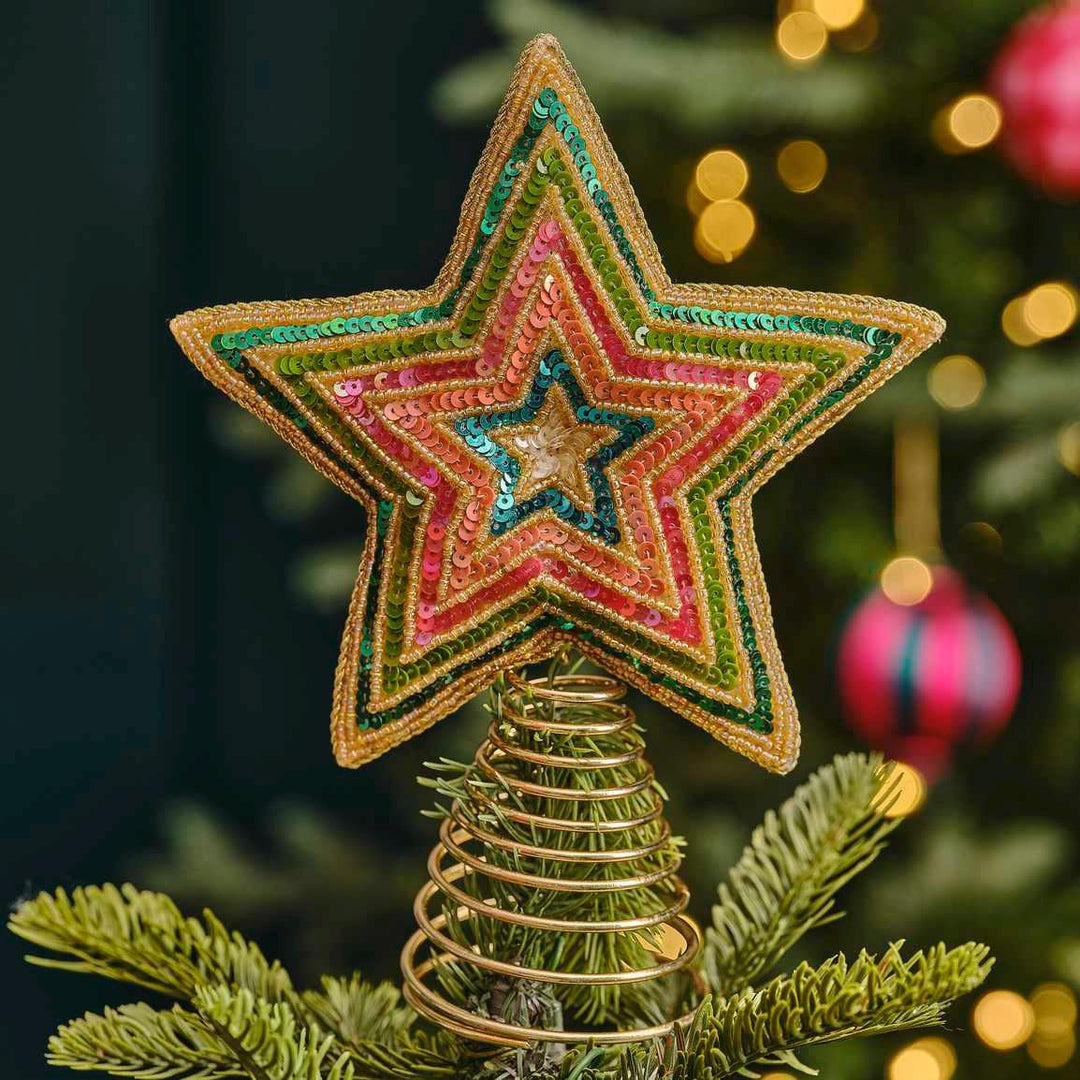 Multicoloured Christmas Tree Star Topper - Embellished Sequin Star Christmas Tree Topper - Christmas Tree Decorations - Holiday Decor - Jolie Fete UK