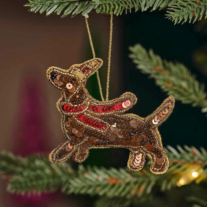 Sausage Dog Christmas Tree Hanging Decoration - Red & Brown Dog Christmas Tree Decoration With Sequins - Individual Tree Decor-Holiday Decor - Jolie Fete UK