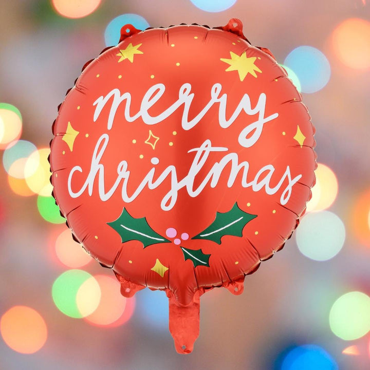 Merry Christmas Balloon - Red Festive Foil Balloon - Christmas Bauble Foil Balloon - Balloon With Green Holly - Bauble Balloon - Jolie Fete UK