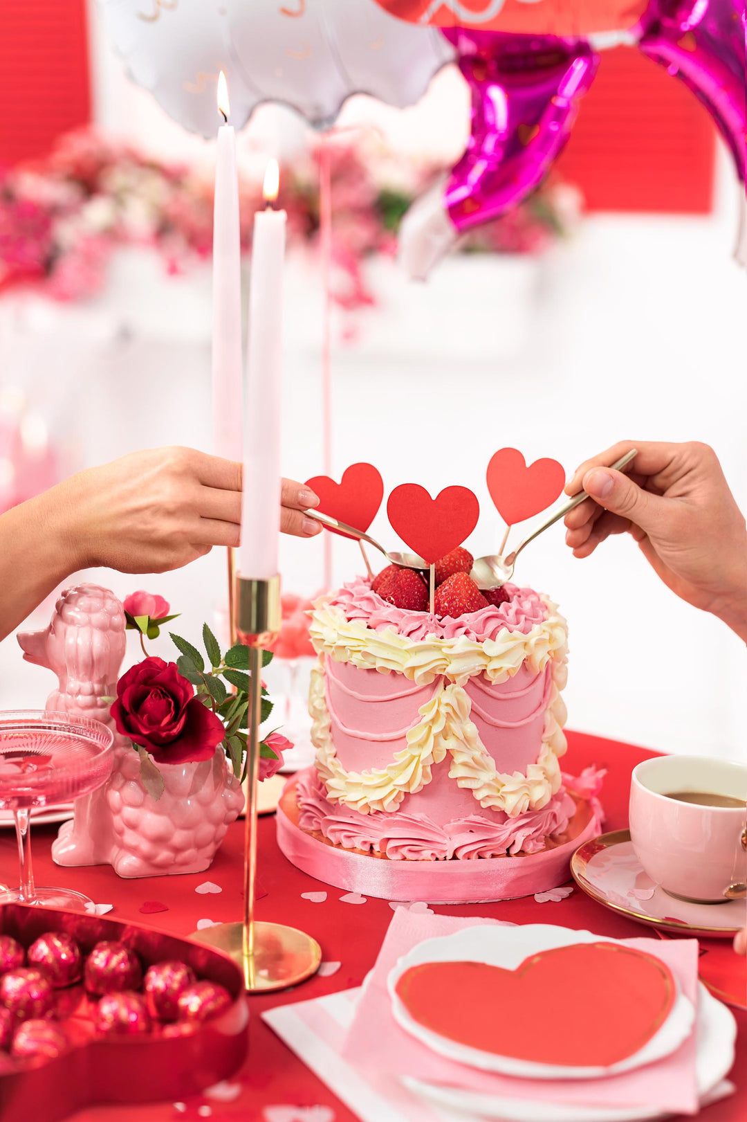 Red Heart Shaped Cake Toppers - Red Heart Cupcake Decorations - Valentine's Day Party - Valentines Decor - Hen Party Napkins - Pack of 6 - Jolie Fete UK