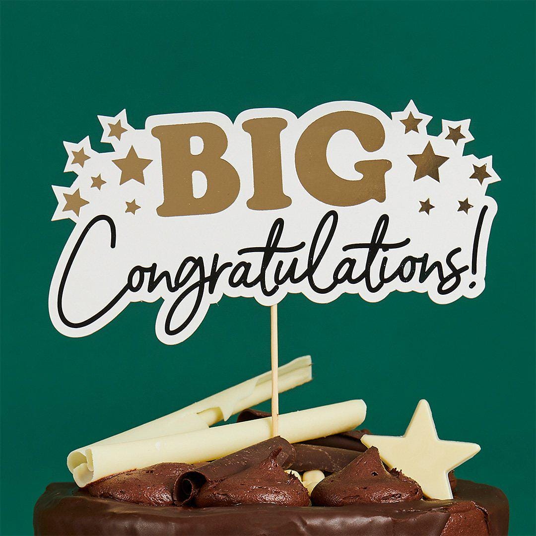 Big Congratulations Cake Topper - White & Gold Congratulations Cake Decoration - Card Congratulations Topper - Jolie Fete UK