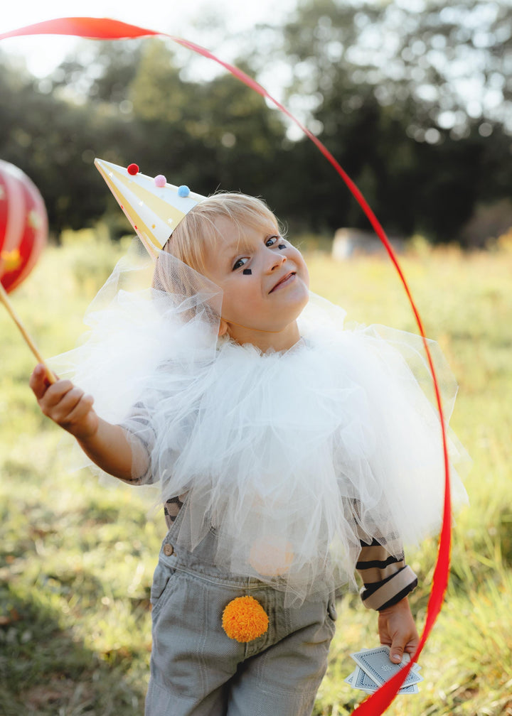 Party Hats with Pom Poms - Striped Paper Party Hats - Circus Party - Multicolour Pack - Birthday Party Supplies -Photo Booth Props-Pack of 6 - Jolie Fete UK