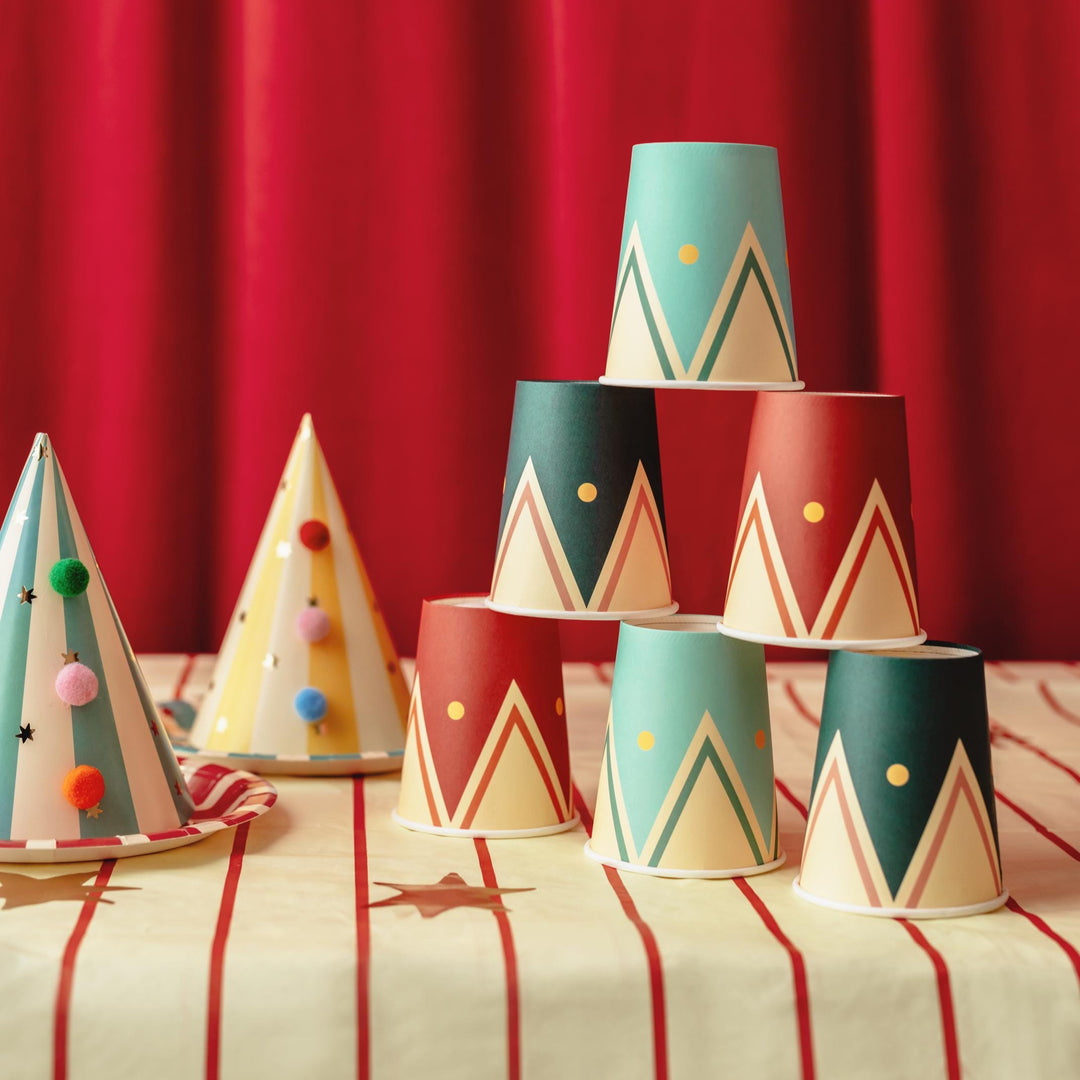 Circus Cups - Blue, Red& Green Paper Party Cups - Carnival Party Supplies - Funfair Theme - Kids Birthday Party Supplies - Pack of 6 - Jolie Fete UK
