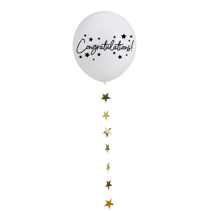 Congratulations Balloon - Large White Congratulations Balloon With Gold Stars Tail - 18" - Jolie Fete UK