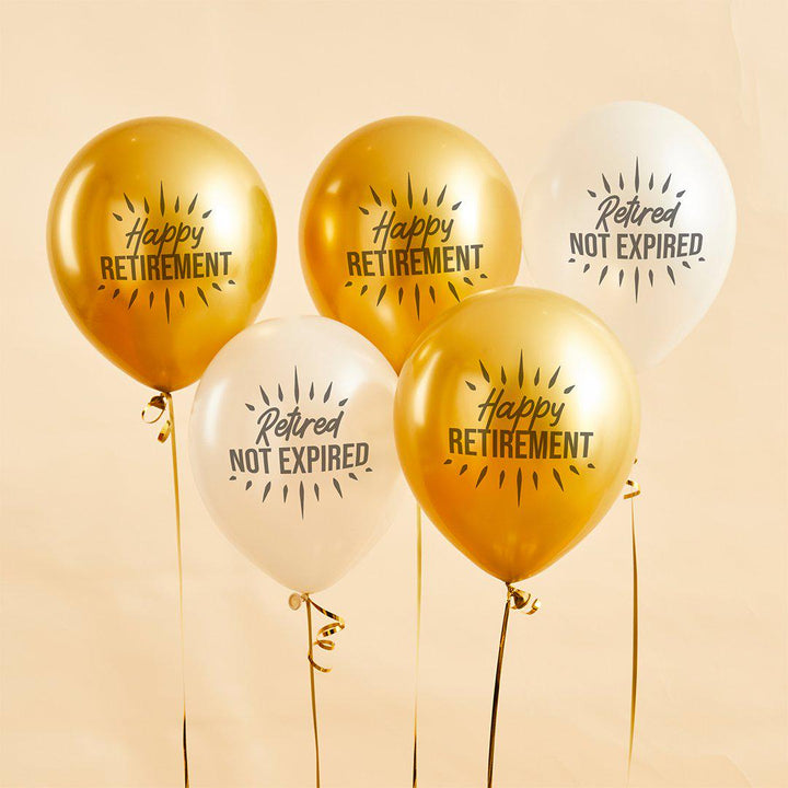 Happy Retirement Balloons - Cream & Gold Round Retirement Balloon Bundle - Retired Not Expired - Pack Of 5 - Jolie Fete UK