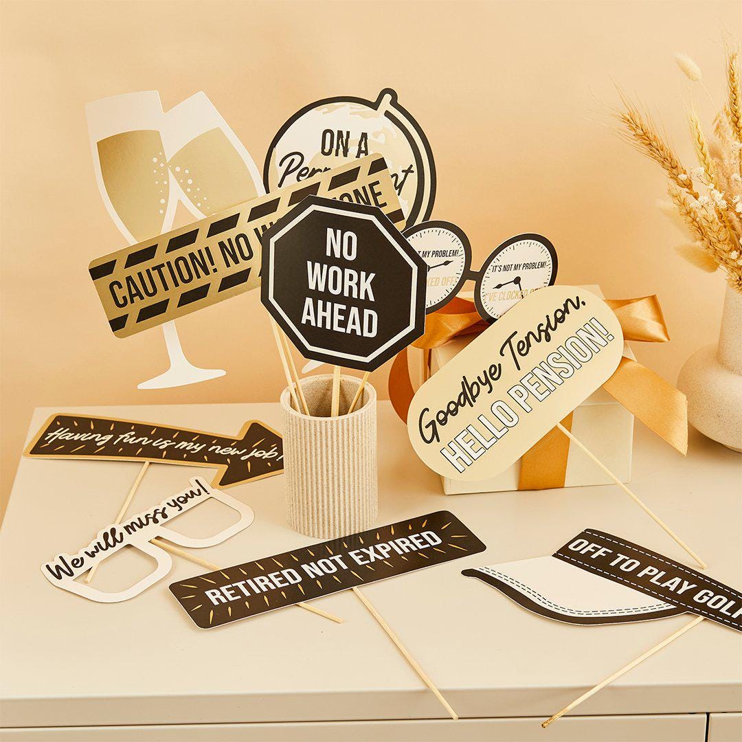 Retirement Photo Booth Props - Black & Gold Farewell Party Props - Retirement Party-Retired Not Expired-Goodbye Tension Hello Pension - x 10 - Jolie Fete UK