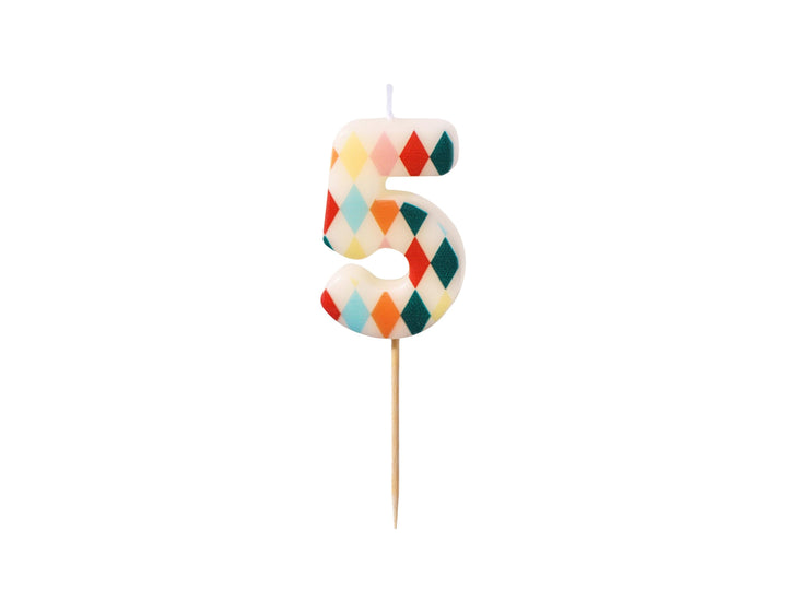 Cake Candle 5 - Rainbow Candles - Number 5 Birthday Cake Candle - Circus Party - Diamond Design - Harlequin Pattern-Kids Party-Multicoloured - Jolie Fete UK