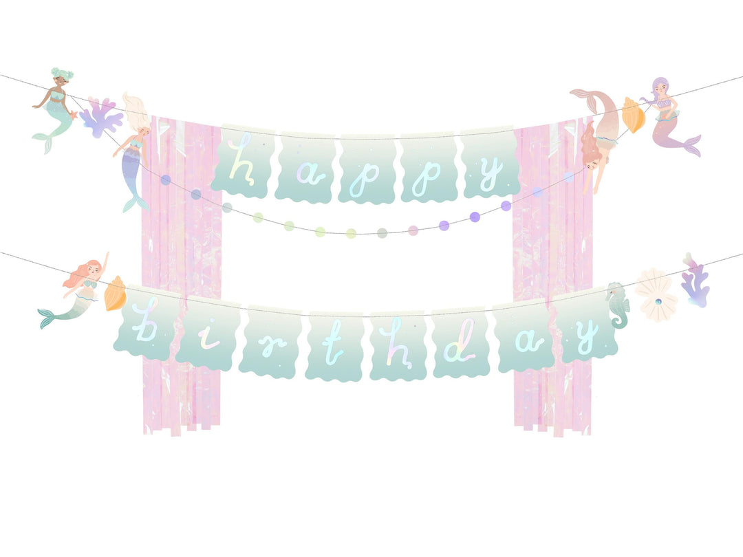 Mermaid Happy Birthday Banner - Iridescent Party Bunting Backdrop - Iridescent Mermaid Party Supplies - Dive Into Five - Under the sea - Jolie Fete UK