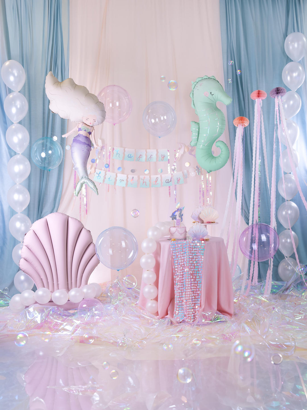 Mermaid Happy Birthday Banner - Iridescent Party Bunting Backdrop - Iridescent Mermaid Party Supplies - Dive Into Five - Under the sea - Jolie Fete UK
