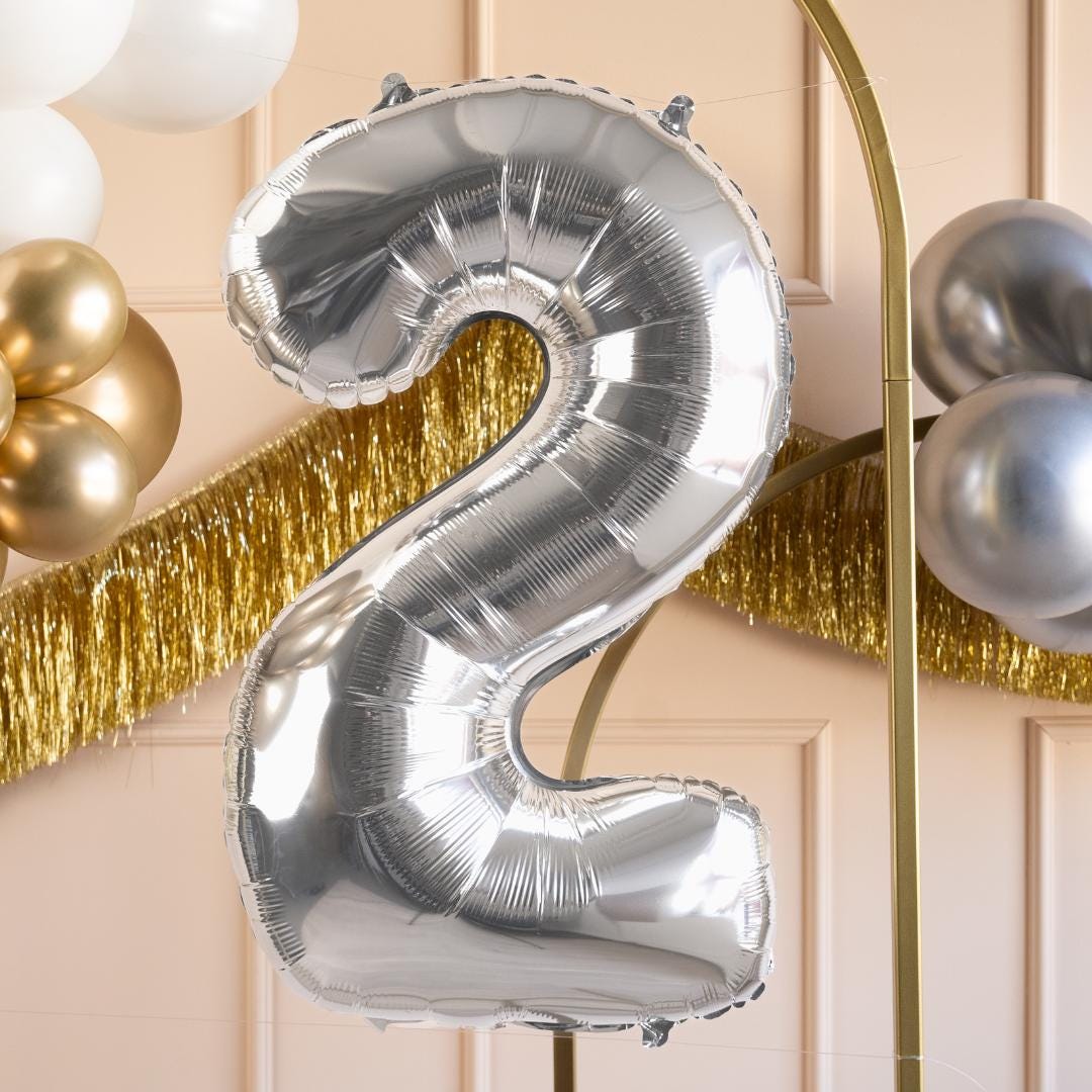 Silver Number 2 Balloon - Large Silver Foil 2 balloon - Birthday Balloon - Party Decorations - 72cm Balloon - 30" Balloon - Jolie Fete UK