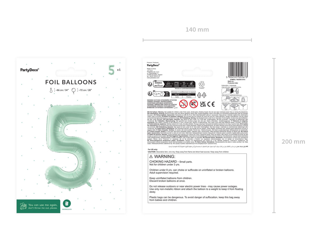 Pastel Green Number 5 Balloon - Large Light Mint Green Foil 5 balloon - Birthday Balloon - Party Decorations - 72cm Balloon - 30" Balloon - Jolie Fete UK