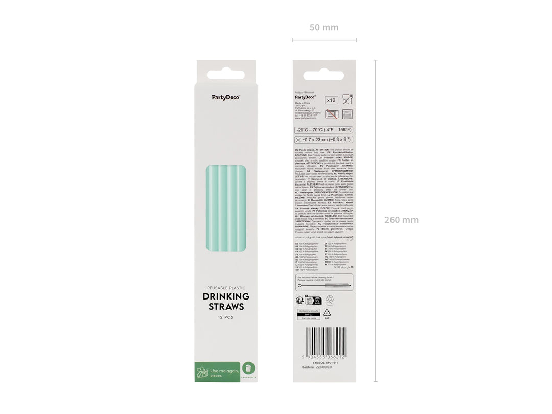 Pastel Green Reusable Straws - Mint Green Party Straws - Light Green Birthday Party Tableware -Reusable Plastic Straws With Brush-Pack Of 12 - Jolie Fete UK