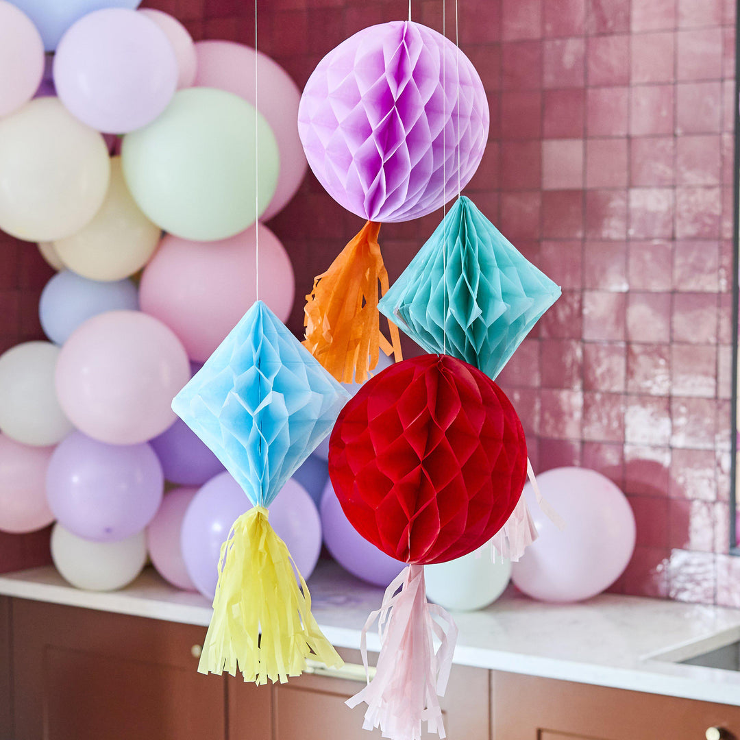 Honeycomb Decorations - Bright Honeycombs With Tassels - Colourful Birthday - Birthday Party Decorations - Rainbow Party Decor - Pack Of 4 - Jolie Fete UK