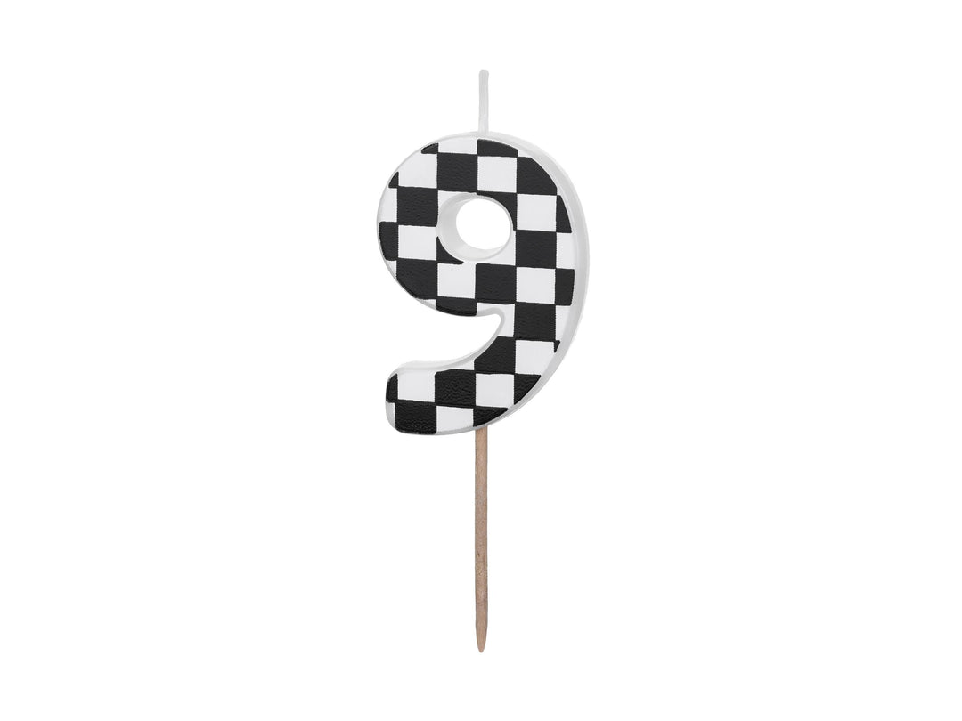 Cake Candle 9 - Checkered Flag Candle - Number 9 Birthday Cake Candle - Racing Car Party - Black & White Candle - Kids Party Decorations - Jolie Fete UK