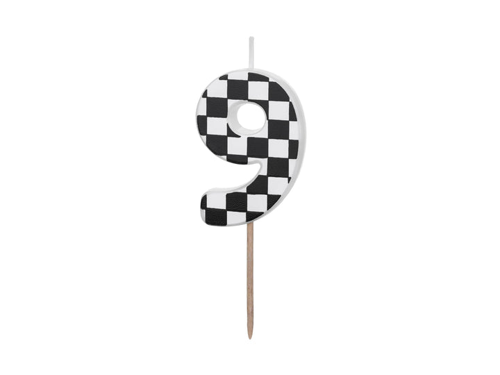 Cake Candle 9 - Checkered Flag Candle - Number 9 Birthday Cake Candle - Racing Car Party - Black & White Candle - Kids Party Decorations - Jolie Fete UK