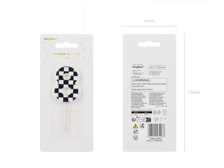 Cake Candle 8 - Checkered Flag Candle - Number 8 Birthday Cake Candle - Racing Car Party - Black & White Candle - Kids Party Decorations - Jolie Fete UK