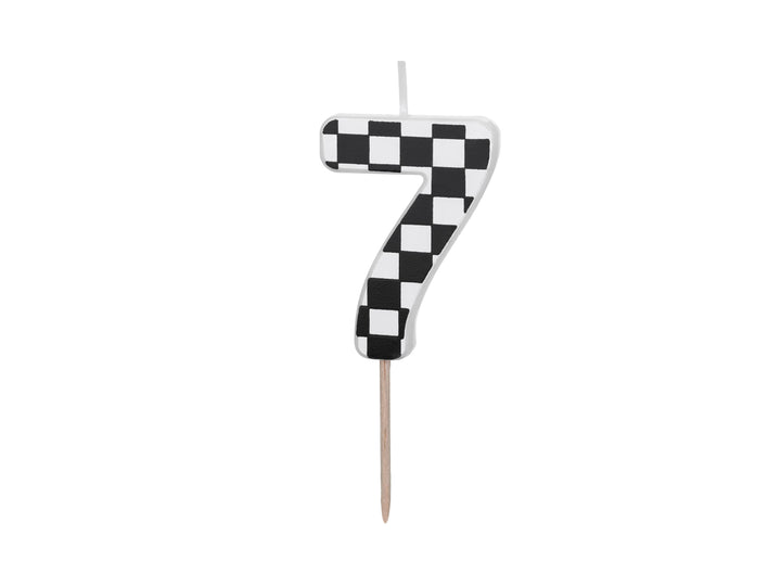 Cake Candle 7 - Checkered Flag Candle - Number 7 Birthday Cake Candle - Racing Car Party - Black & White Candle - Kids Party Decorations - Jolie Fete UK