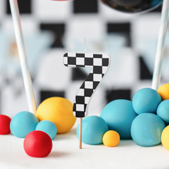 Cake Candle 7 - Checkered Flag Candle - Number 7 Birthday Cake Candle - Racing Car Party - Black & White Candle - Kids Party Decorations - Jolie Fete UK