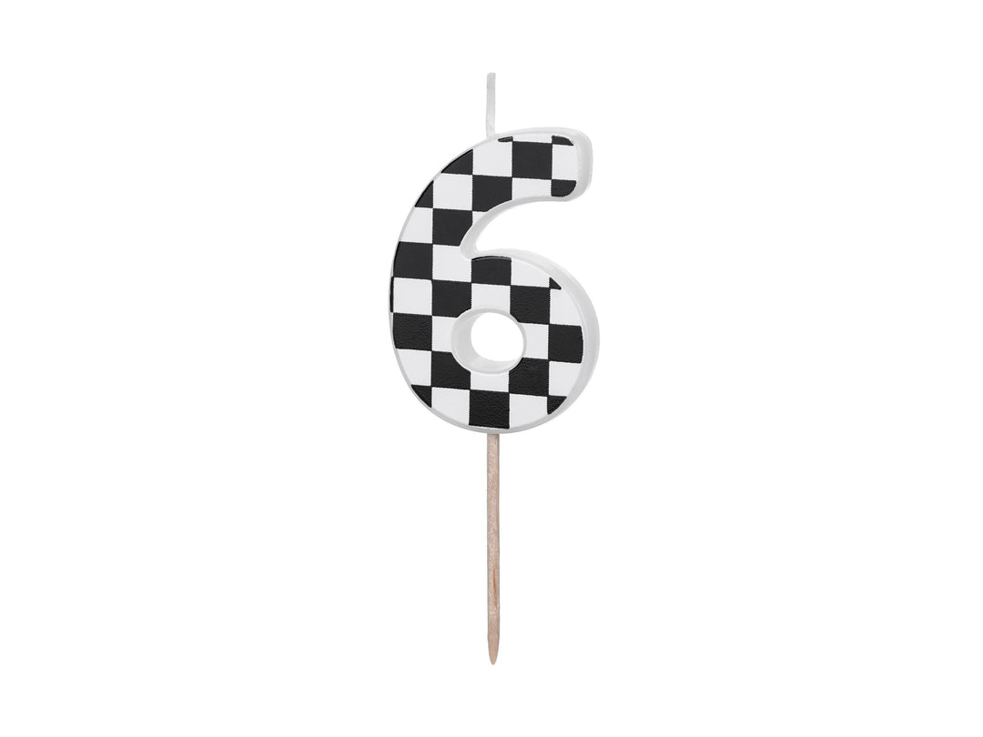 Cake Candle 6 - Checkered Flag Candle - Number 6 Birthday Cake Candle - Racing Car Party - Black & White Candle - Kids Party Decorations - Jolie Fete UK