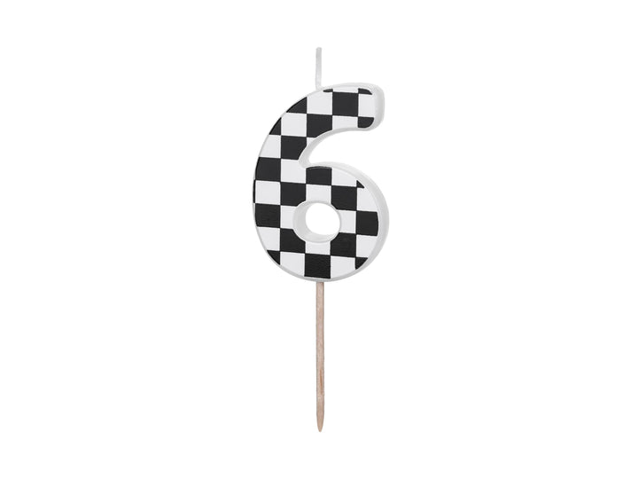 Cake Candle 6 - Checkered Flag Candle - Number 6 Birthday Cake Candle - Racing Car Party - Black & White Candle - Kids Party Decorations - Jolie Fete UK