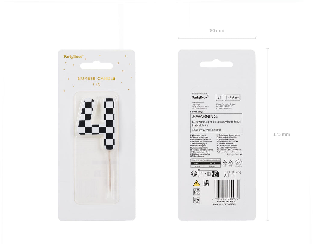 Cake Candle 4 - Checkered Flag Candle - Number 4 Birthday Cake Candle - Racing Car Party - Black & White Candle - Kids Party Decorations - Jolie Fete UK