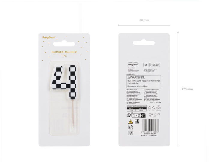 Cake Candle 4 - Checkered Flag Candle - Number 4 Birthday Cake Candle - Racing Car Party - Black & White Candle - Kids Party Decorations - Jolie Fete UK
