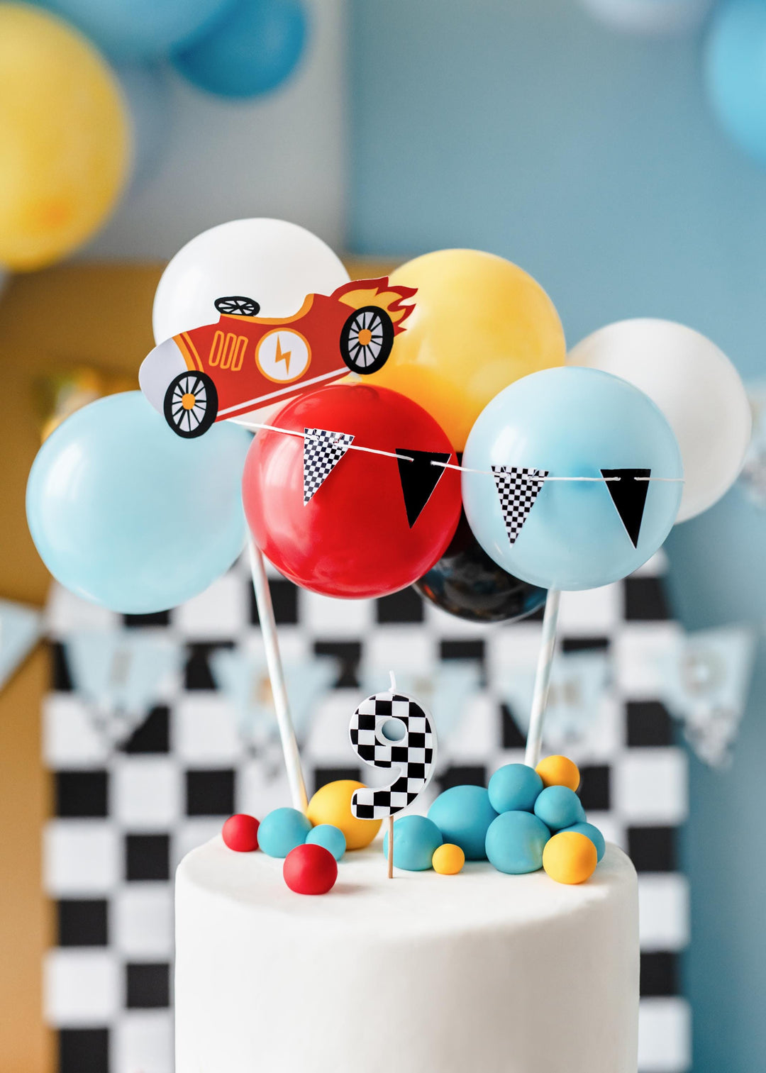 Cake Candle 9 - Checkered Flag Candle - Number 9 Birthday Cake Candle - Racing Car Party - Black & White Candle - Kids Party Decorations - Jolie Fete UK