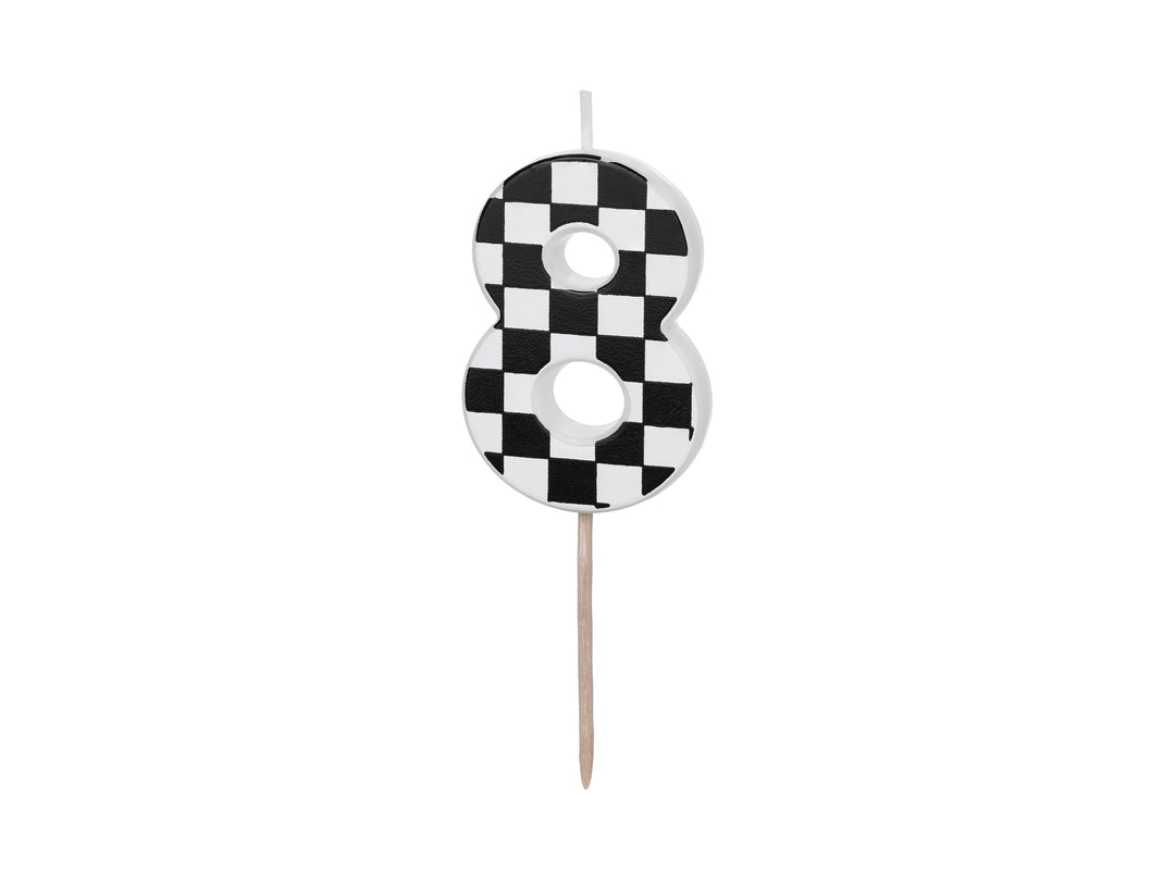 Cake Candle 8 - Checkered Flag Candle - Number 8 Birthday Cake Candle - Racing Car Party - Black & White Candle - Kids Party Decorations - Jolie Fete UK