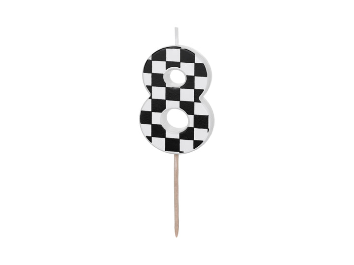 Cake Candle 8 - Checkered Flag Candle - Number 8 Birthday Cake Candle - Racing Car Party - Black & White Candle - Kids Party Decorations - Jolie Fete UK