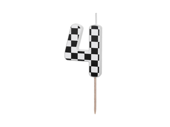 Cake Candle 4 - Checkered Flag Candle - Number 4 Birthday Cake Candle - Racing Car Party - Black & White Candle - Kids Party Decorations - Jolie Fete UK