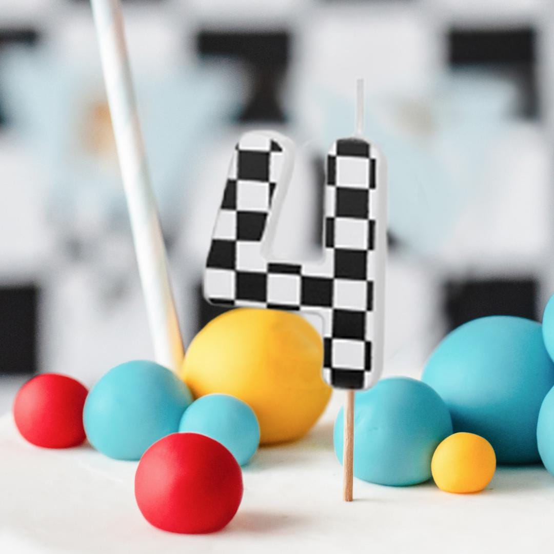 Cake Candle 4 - Checkered Flag Candle - Number 4 Birthday Cake Candle - Racing Car Party - Black & White Candle - Kids Party Decorations - Jolie Fete UK