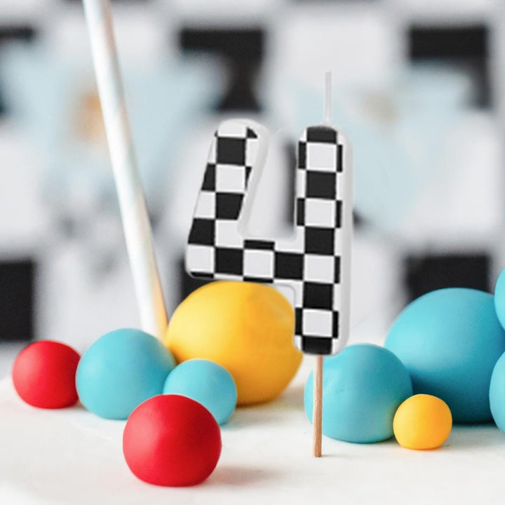 Cake Candle 4 - Checkered Flag Candle - Number 4 Birthday Cake Candle - Racing Car Party - Black & White Candle - Kids Party Decorations - Jolie Fete UK