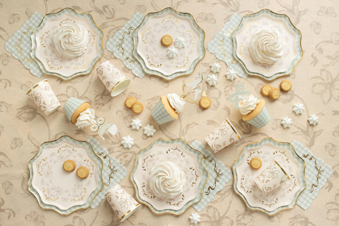 Vintage Floral Paper Cups - Cream & Gold Trimmed Botanical Party Cups - Baby Shower, Tea Party, Wedding Decor - 220ml - Pack Of 6 - Jolie Fete UK