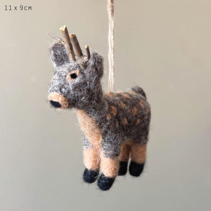 Needle Felted Christmas Reindeer - Wool Reindeer Tree Decoration - Christmas Tree Decorations - Grey & Brown Wool Felt Reindeer - Jolie Fete UK