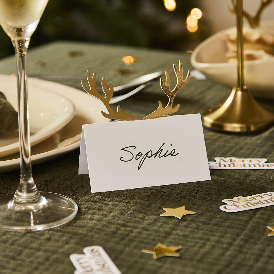 Gold Antler Place Cards - Gold & White Christmas Table Place Cards - Gold Reindeer - Christmas Party Decorations - Holiday Decor -Pack Of 10 - Jolie Fete UK