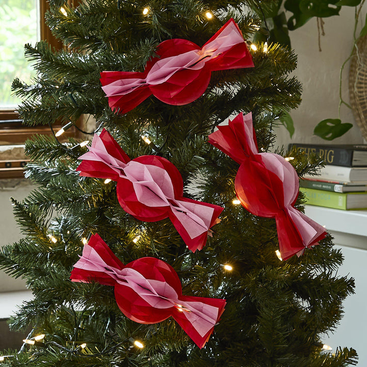 Honeycomb Sweets - Pink & Red Honeycomb Christmas Candy Decorations - Christmas Decorations - Holiday Decor - Pack Of 4 - Jolie Fete UK