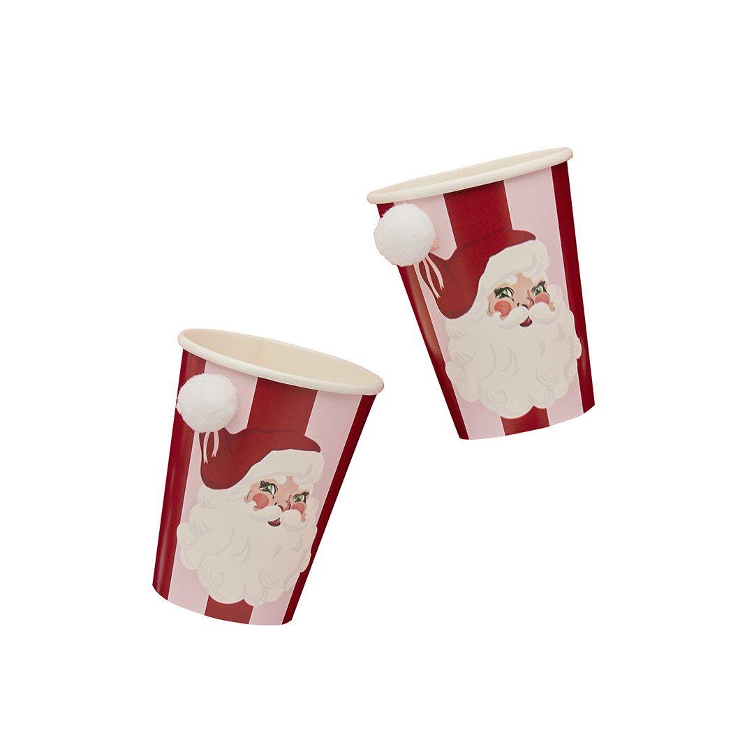 Pink & Red Santa Paper Cups - Christmas Cups With Pom Pops - Vintage Christmas Party -Christmas Decorations - Retro Holiday Decor -Pack Of 8 - Jolie Fete UK