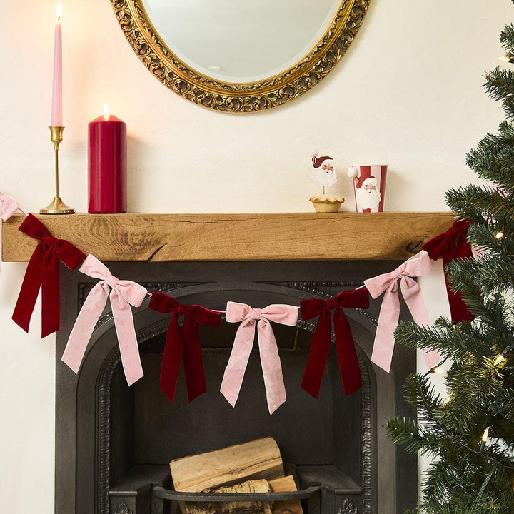 Pink & Red Velvet Bow Garland - Christmas Bunting With Red And Pink Velvet Bows - Christmas Decorations - Jolie Fete UK
